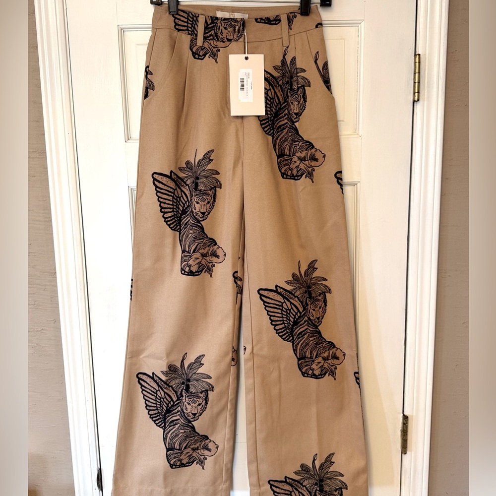 Tan Wide Leg Pants with Black Tiger Print